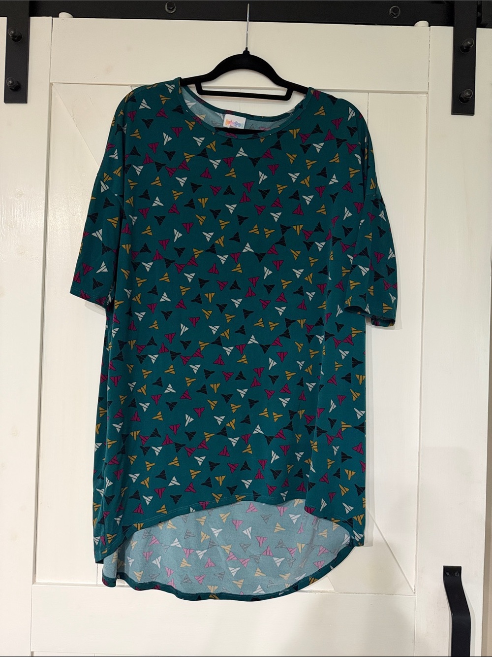 LuLaRoe Teal Tunic with Pink, Yellow and White Triangle Print